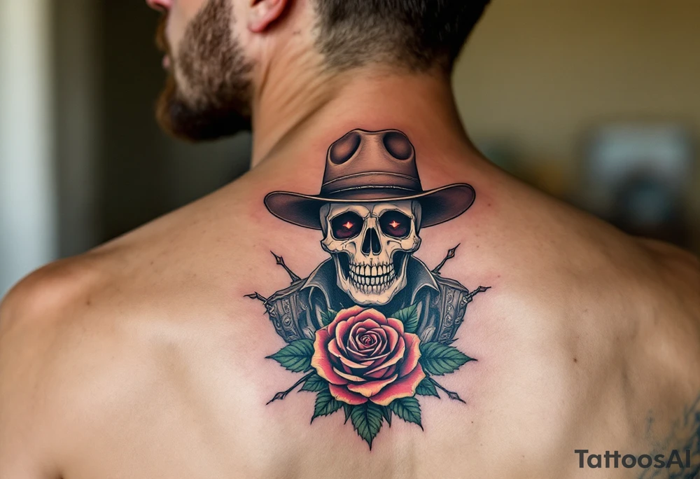 skeleton cowboy with rose in teeth tattoo idea
