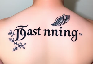 Last name Dunning, in Roman bold font in middle of forearm with background including leaves,angel wing going near elbow,tribal pattern. tattoo idea
