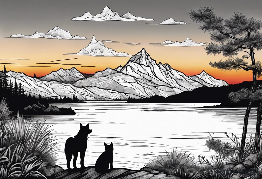 nature, sunset, mountains, a father and son hiking with their dog and cat by the water tattoo idea