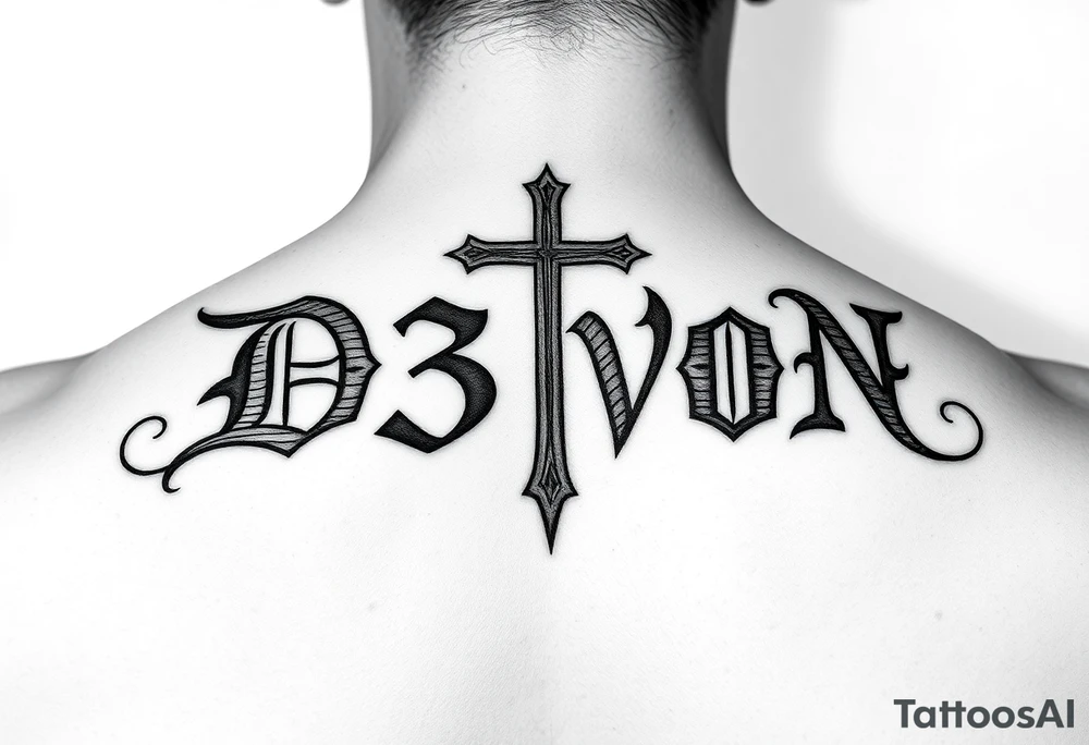 The name D3von with a cross behind it tattoo idea