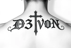 The name D3von with a cross behind it tattoo idea