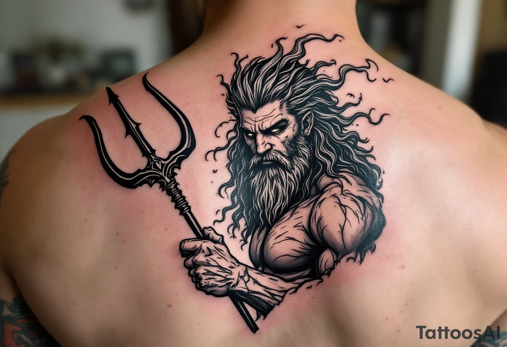 fit poseidon, behind a trident, with storm tattoo idea