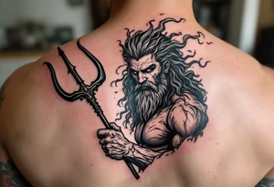 fit poseidon, behind a trident, with storm tattoo idea