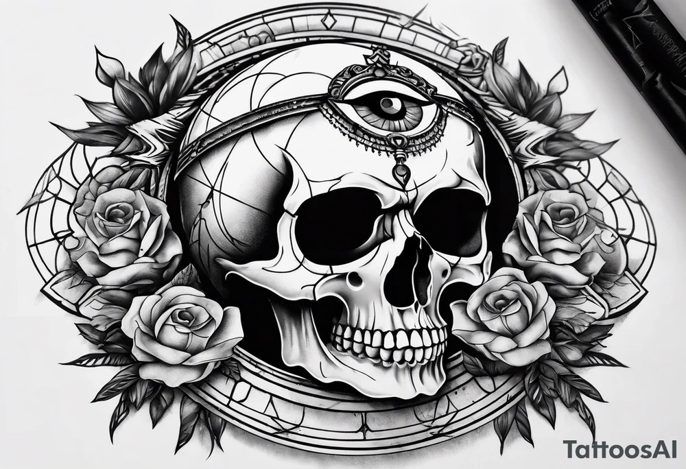 Skull with third eye and dagger through it with the phases of the moon at the bottom tattoo idea