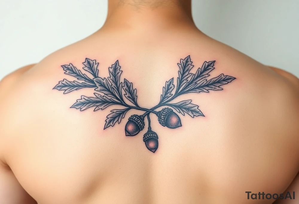 oak branch with thick leaves and acorns tattoo idea