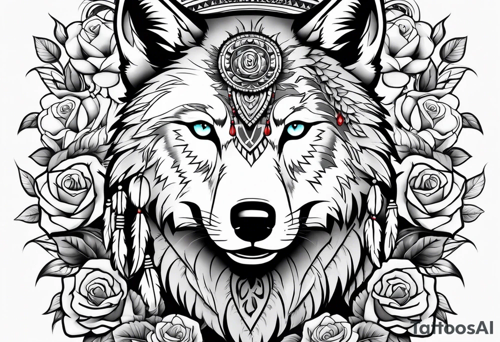 Native American with a wolf wrapped in roses tattoo idea