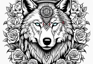 Native American with a wolf wrapped in roses tattoo idea