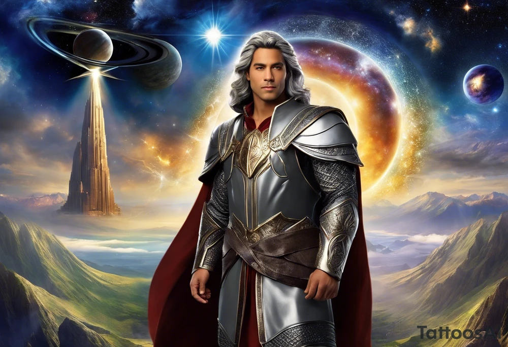 Jehovah looking out at the marvels of his creation from the atoms to the galaxy and celestial beings. With grey wash and a fantasy theme. Jehovah has to be a character who is so majestic, charismatic, immensely powerful. There isnt a single thing he isnt capable of doing. Infinitely powerful forward facing. Without the pagan styled attire and without the pagan symbols etcetera, shirtless, large muscular athletic physique, deep muscle definition tattoo idea