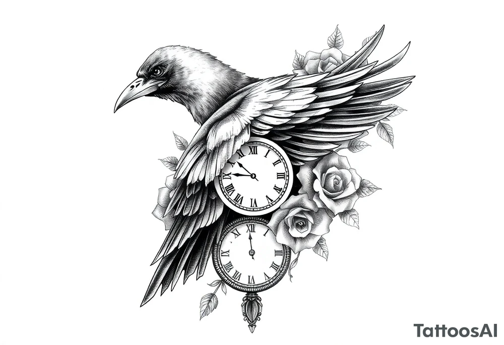 raven,roses,clock. tattoo idea