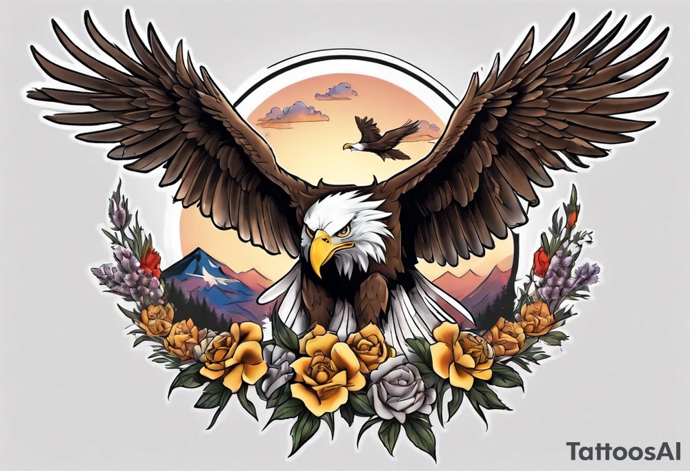 Tribute to Father representing a bald eagle with wings spread with mountain flowers in the background tattoo idea