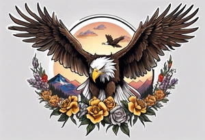 Tribute to Father representing a bald eagle with wings spread with mountain flowers in the background tattoo idea