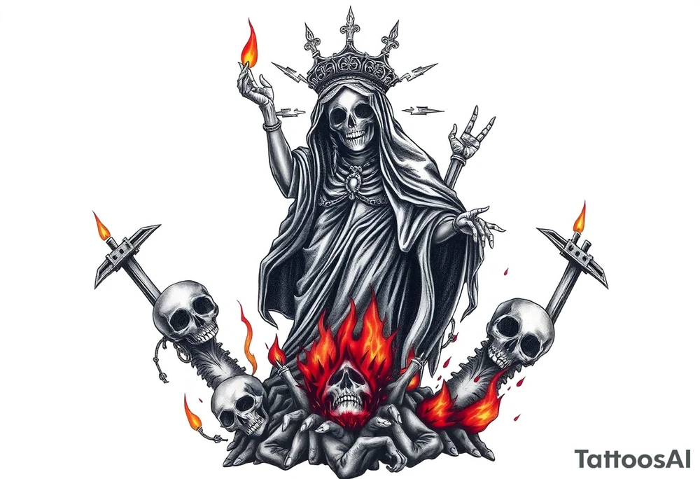 Powerful and evil Santa muerte rising from the flames and ashes of hell, surrounded by unclaimed souls tattoo idea