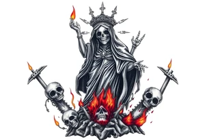 Powerful and evil Santa muerte rising from the flames and ashes of hell, surrounded by unclaimed souls tattoo idea
