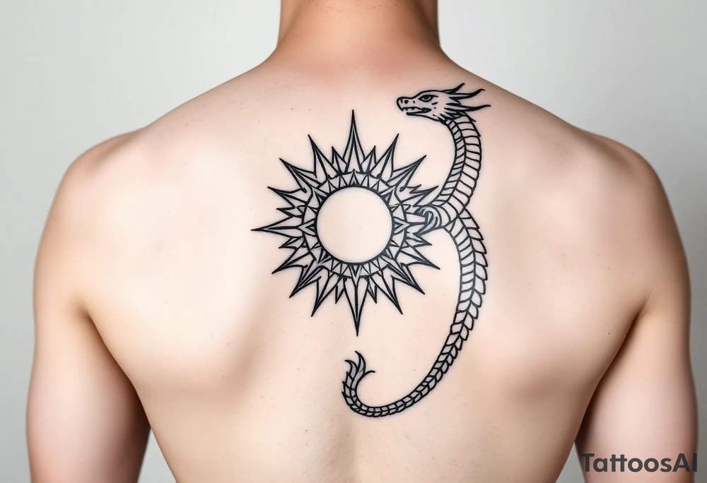 A symbolic back tattoo featuring a minimalist tribal-style dragon wrapped around a radiant sun, incorporating Amazigh (Berber) symbols for strength, freedom, and identity. The design should reflect themes of transformation, grounding, and soul direction, resonating with a journey of inner rebirth and spiritual embodiment. Style: fine linework, sacred geometry, tribal influence, and dotwork. Ink: black or dark brown. tattoo idea