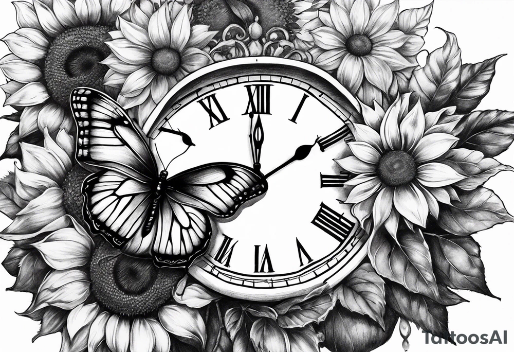 Sleeve with clock, sunflower and butterfly tattoo idea