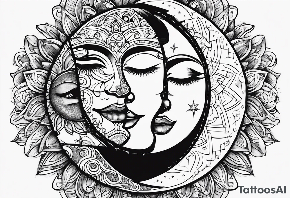 sun and the moon, the overlap
the sun has a woman's half
face, and the moon, a man's face half tattoo idea