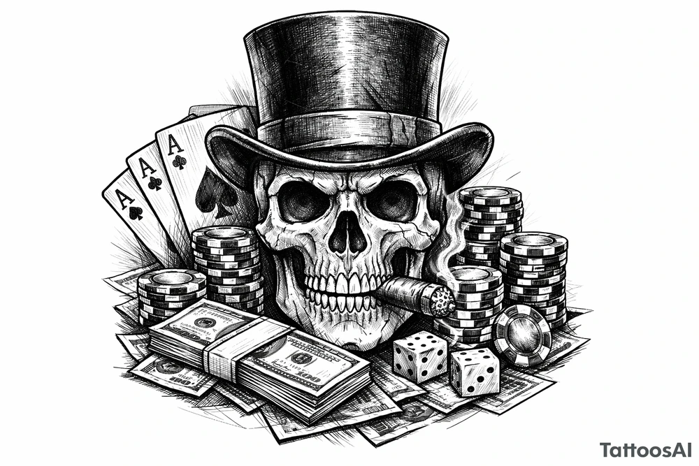 skull with cigar in his mouth,top-hat surrounded by poker-chips,paying cards and money. tattoo idea
