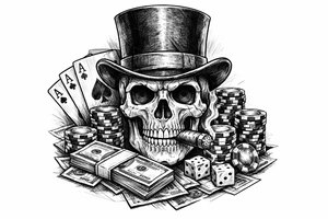 skull with cigar in his mouth,top-hat surrounded by poker-chips,paying cards and money. tattoo idea
