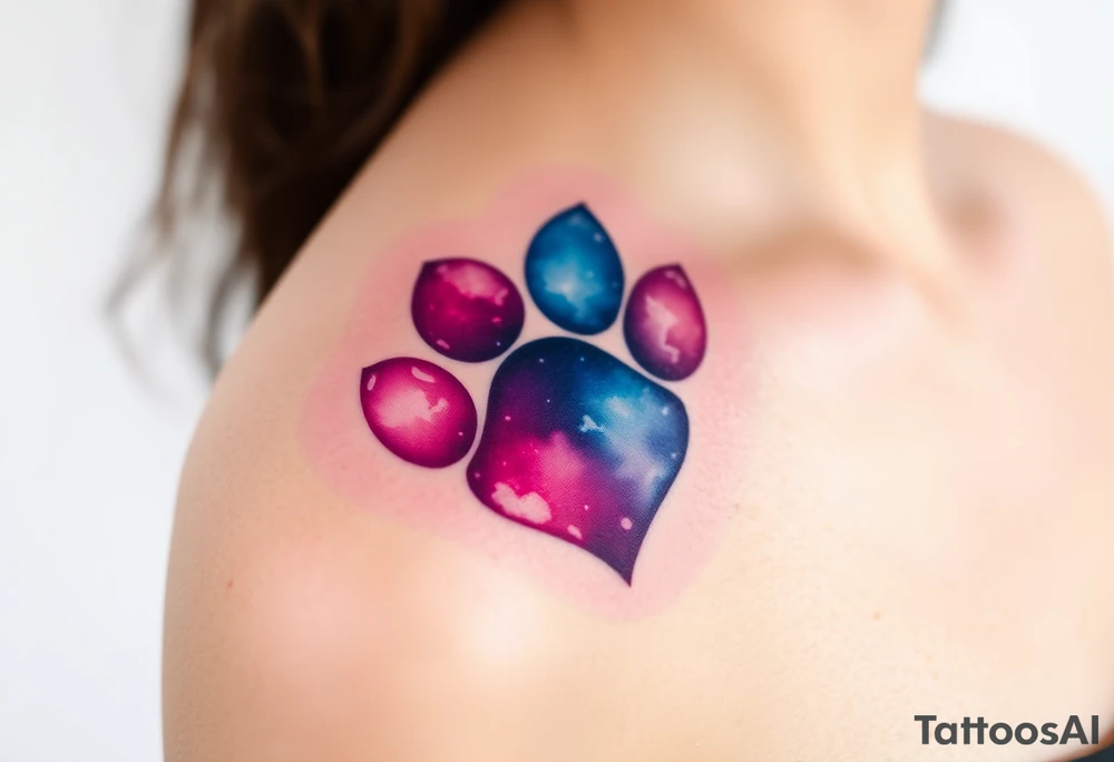 paw in the shape of a heart blending vibrant hues of pink, blue, and purple, creating tattoo idea