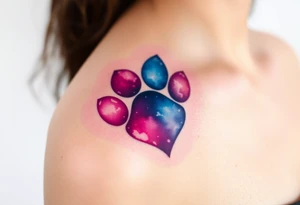 paw in the shape of a heart blending vibrant hues of pink, blue, and purple, creating tattoo idea