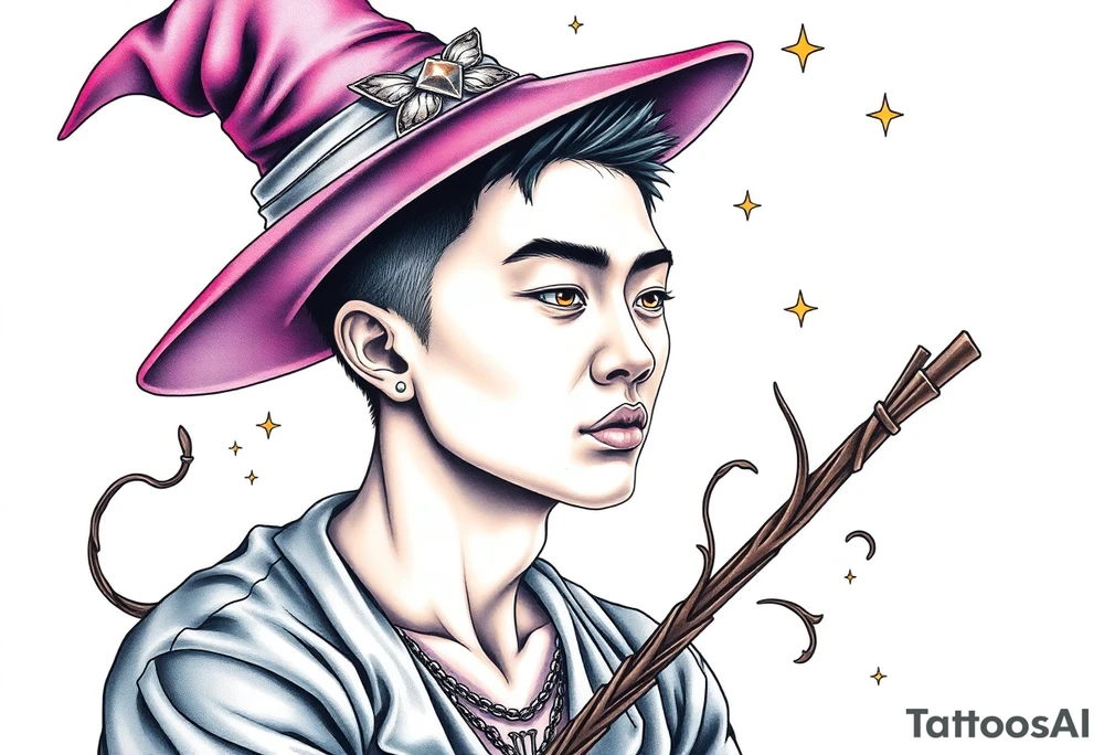 Handsome Asian young guy is being under control of the witch tattoo idea