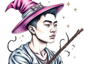 Handsome Asian young guy is being under control of the witch tattoo idea