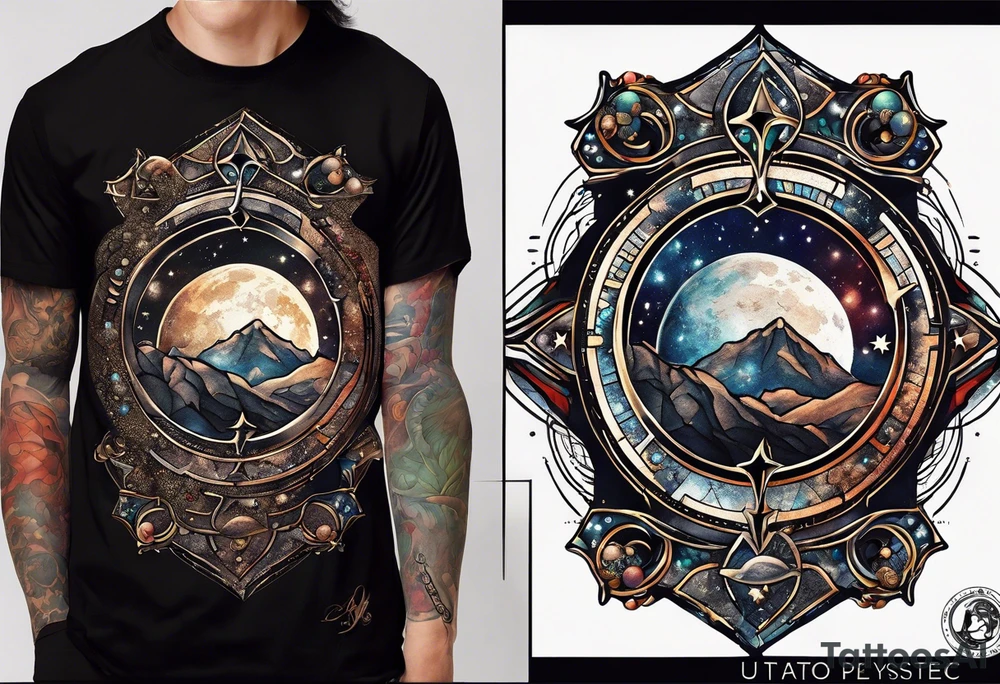 Matter, energy, space and time with an old stone theta symbol with stars in the background and Scorpio constellation tattoo idea