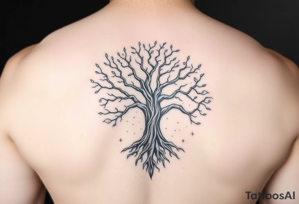 mystical tree of life with cosmic roots and celestial branches tattoo idea