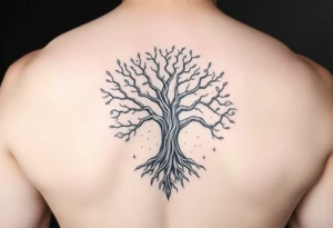 mystical tree of life with cosmic roots and celestial branches tattoo idea