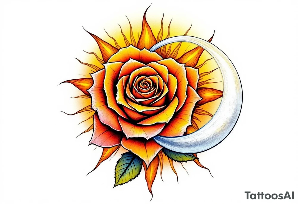 Golden sun with sharp rays extending outward, painted in warm yellows and oranges to create a vibrant, fiery aura around the flower. The sun symbolizes energy, life, and growth. The light from the sun subtly illuminates the rose, reflecting its warmth. On the opposite side of the rose, a soft silver crescent moon, painted in light silver with soft blue highlights, casting a gentle glow over the rose. The moon represents calm, serenity, and the quieter aspects of love. The moon’s soft glow balances the brightness of the sun, symbolizing the balance between day and night. tattoo idea