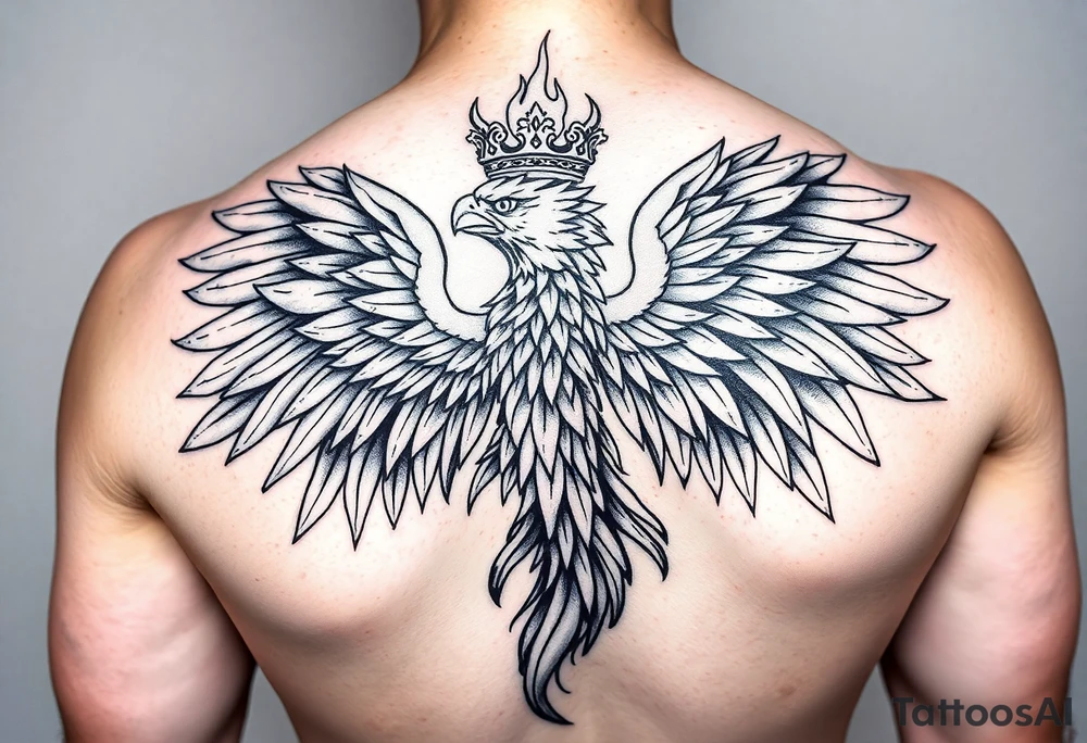 powerful majestic phoenix with crown of fire, with large wings tattoo idea