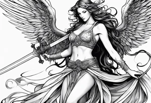 Angel with long sword atop a demon slain in single line tattoo idea
