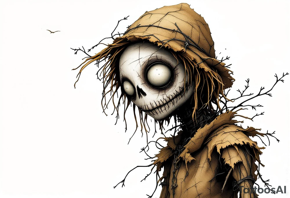 Tim Burton’s eyeless scarecrow sways under a pale gray sky, stitched in burlap brown and bound in crooked wire. tattoo idea