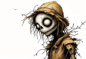 Tim Burton’s eyeless scarecrow sways under a pale gray sky, stitched in burlap brown and bound in crooked wire. tattoo idea