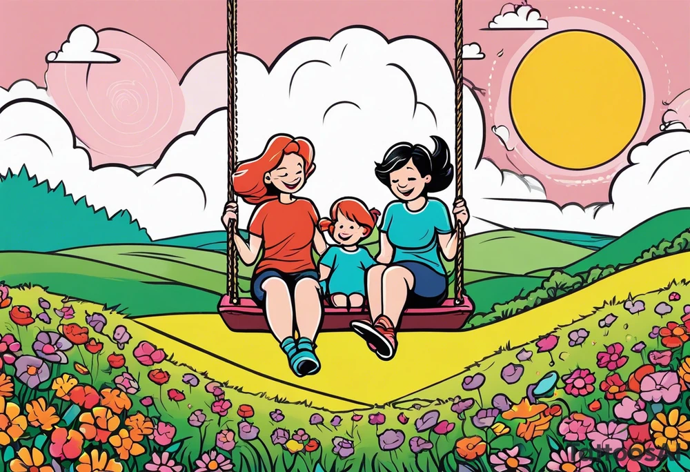 Mom with son and daughter on a swing in the distance in a field of flowers tattoo idea