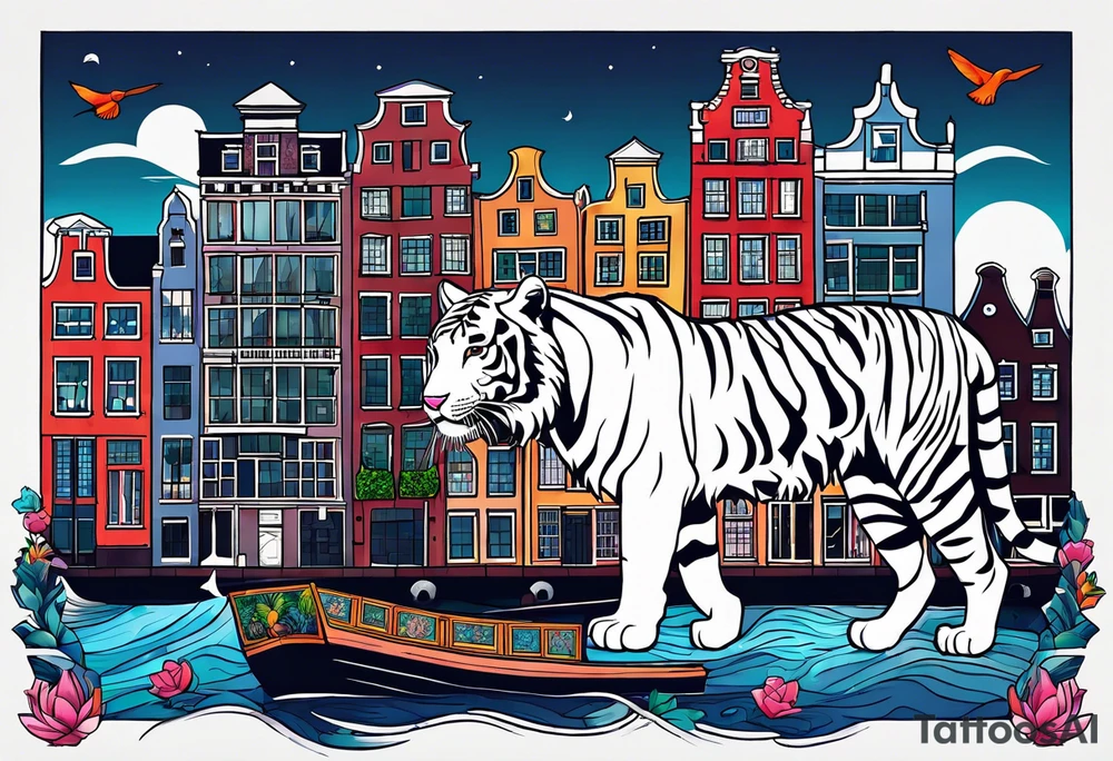 White tiger, stag and birds with pineapples featuring Amsterdam buildings and canal in galaxy colours and Amsterdam buildings and canal tattoo idea