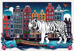 White tiger, stag and birds with pineapples featuring Amsterdam buildings and canal in galaxy colours and Amsterdam buildings and canal tattoo idea