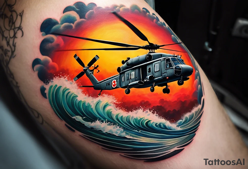 A cinematic-style tattoo depicting a Canadian military CH-148 Cyclone helicopter performing a daring maneuver over a turbulent ocean. The sky should be filled with dramatic clouds, and the sun should be setting, casting long shadows. The helicopter should be the main focus, with intricate details and a sense of motion. In the background, a poppy should be prominently displayed, and a quote from 'Lest We Forget' should be included, black and white tattoo tattoo idea