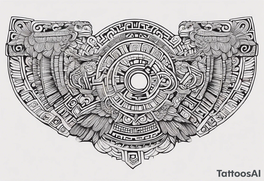 Create a right chest tattoo of Quetzalcoatl based on the original depiction discovered in the Pyramid of the Sun at Teotihuacan. Use the ancient feathered serpent form, with Quetzalcoatl's body coiling in a strong, fluid motion across the chest. Maintain the authenticity of the Teotihuacan style, with bold, angular geometric patterns and intricate detailing in the scales and feathers. The face should feature a traditional Mesoamerican headdress and mask, with the god's fierce, regal expression preserved. Make the eyes intense and striking, with sharp fangs protruding. Use black and gray shading to give the design depth, keeping the ancient stone carving aesthetic, but add subtle modern touches to enhance the masculine and powerful feel. Incorporate authentic Aztec motifs around the serpent, like the sun and stepped pyramids, as part of the chest piece to anchor the design in its historical context tattoo idea
