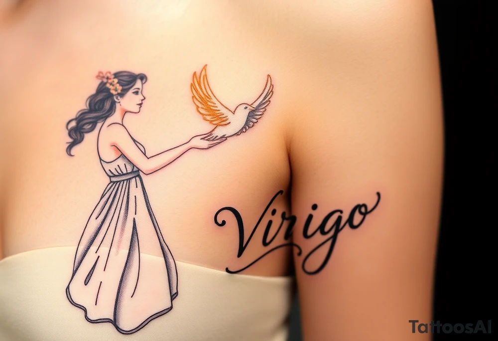 A young woman in a white flowing dress, releasing a glowing dove into the night sky and the word virgo tattoo idea