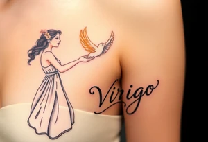 A young woman in a white flowing dress, releasing a glowing dove into the night sky and the word virgo tattoo idea