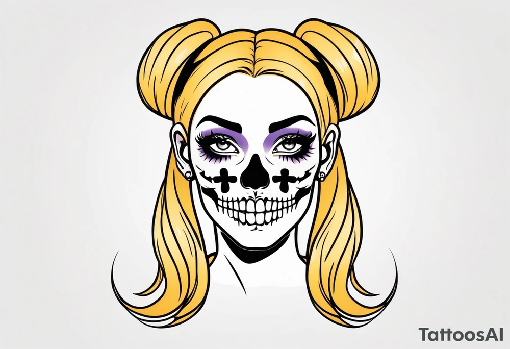 feminine skull and cross bones with hair in two blonde pigtails tattoo idea