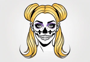 feminine skull and cross bones with hair in two blonde pigtails tattoo idea