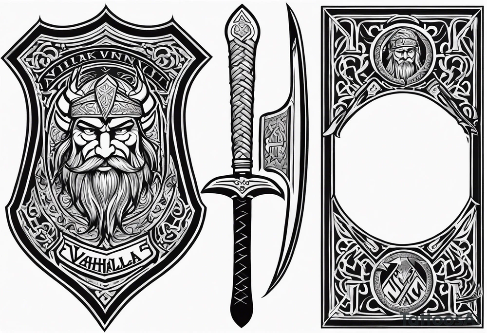 Valhalla viking gods shield hatchet sword tattoo idea