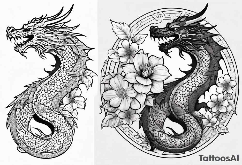 Dragon en Arabic avec un cerisier en fleur tattoo idea