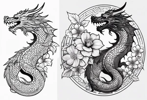 Dragon en Arabic avec un cerisier en fleur tattoo idea