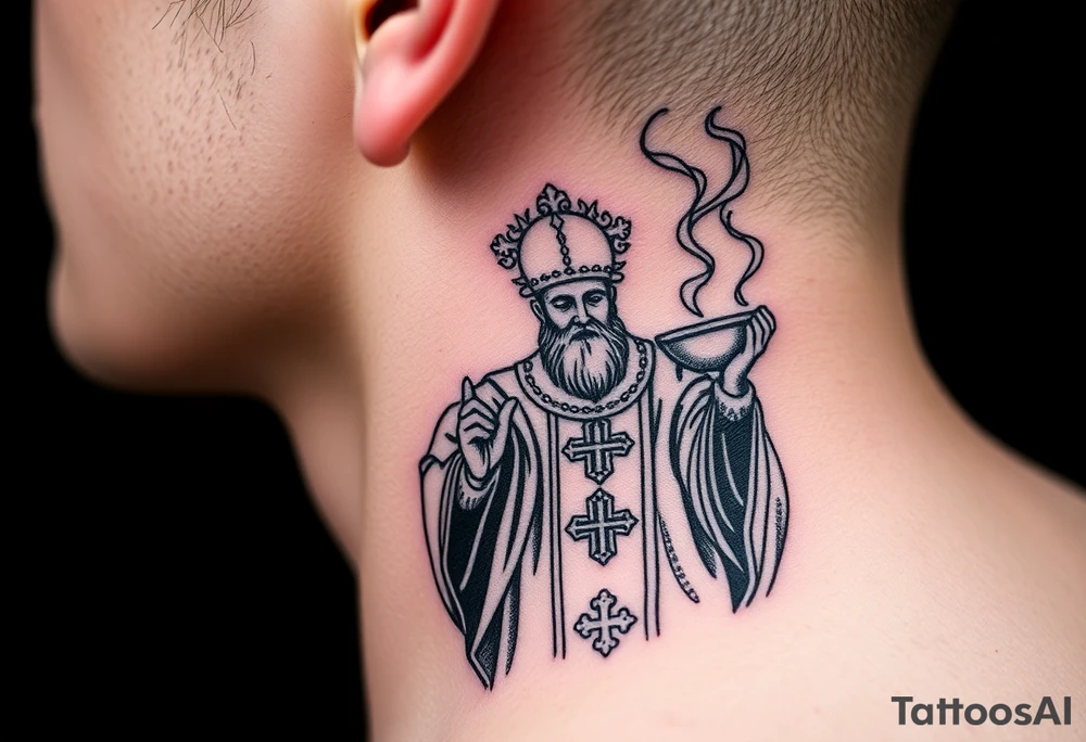 Russian Orthodox Priest in a fully detailed gold vestment swinging a censer with smoke curling upward tattoo idea