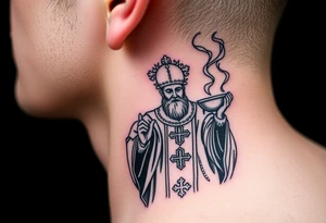 Russian Orthodox Priest in a fully detailed gold vestment swinging a censer with smoke curling upward tattoo idea