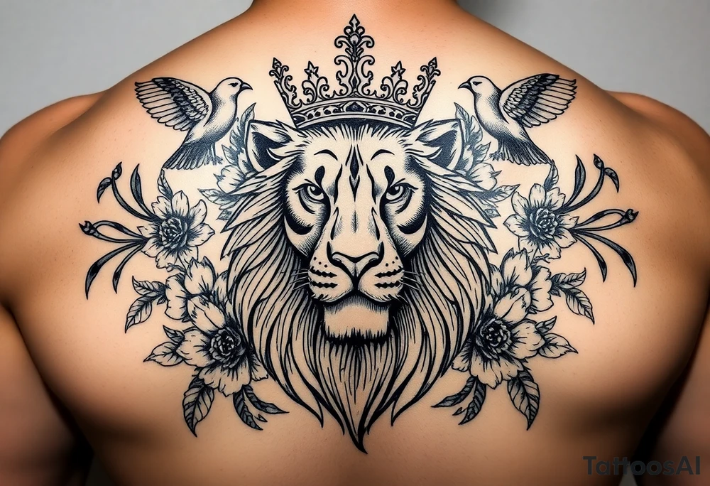 powerful majestic lion with a crown, surrounded by floral ornaments and birds tattoo idea