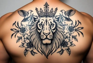 powerful majestic lion with a crown, surrounded by floral ornaments and birds tattoo idea